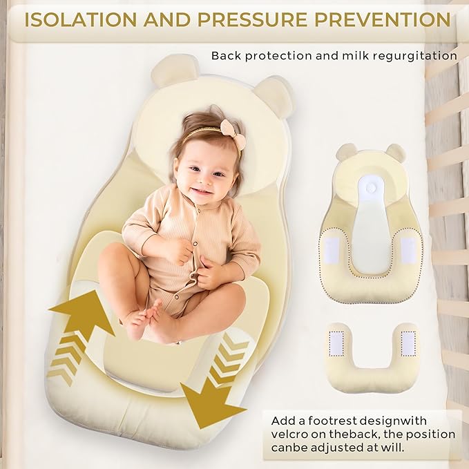 Baby Feeding Pillow, Anti Overflow Feeding Pillow for Reducing Spit-Up, Safety Nursing Pillow, Baby Lounger Reflux Wedge Breastfeeding, Removable top and Botto（Yellow）