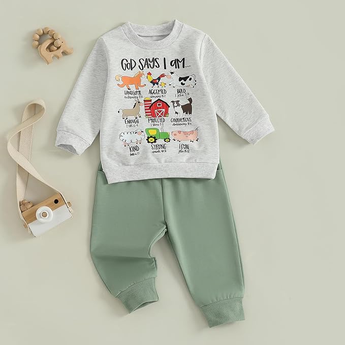 Nyapruwe Toddler Baby Boy Fall Outfit Funny Print Long Sleeve Sweatshirt Joggers Pants Set Kids Warm Winter Clothes