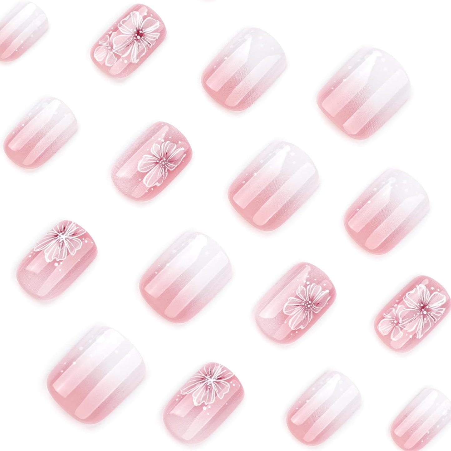 Summer Fall Press On Nails Short Square, Nude Fake Nails Featuring a Nude-to-White Gradient and Elegant White Floral Accents, Glossy Finish Acrylic Nails, Reusable Glue On Nails for Women, Petal Veil