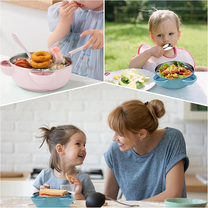 Stainless Steel Baby Feeding Bowl, Toddler Suction Plate with Lid Spoon and Fork, Perfect for Children (Pink)