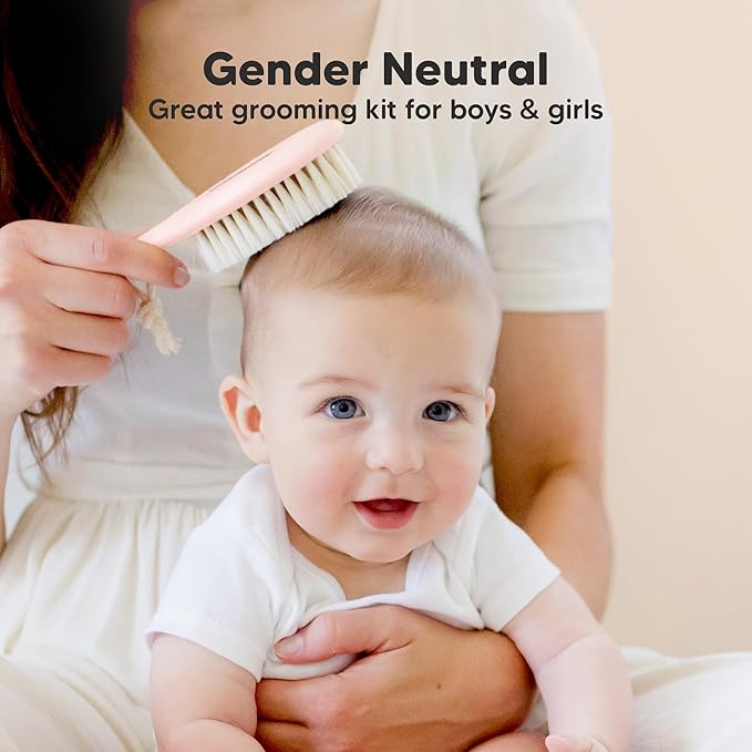 Wooden Baby Hair Brush - Cradle Cap Baby Brush with Soft Goat Bristles, Perfect Gentle Scalp Newborn Comb for Infant, Girls, Boys, Bath Essentials (Blush, Oval)