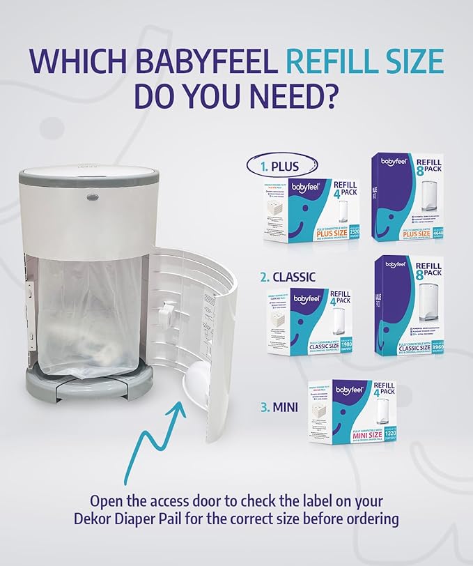 Babyfeel Refills for DEKOR PLUS Diaper Pails, 8 Pack, Exclusive 30% Extra Thickness, Fresh Powder Scent, Holds up to 4640 Diapers