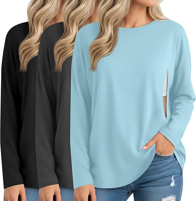 3 Pack Women's Nursing Breastfeeding Tops, Long Sleeve Maternity Shirts Oversize Hidden Zipper Pregnancy Clothes