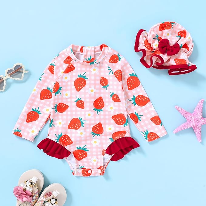 Infant Baby Girl Swimsuit One-Piece Long Sleeve Rash Guard with Hat Set Floral Zipper Bathing Suit Leopard Beach Wear