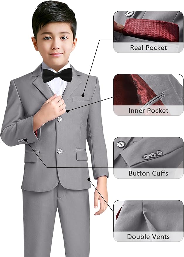 YuanLu Boys Suit for Kids Tuxedo Wedding Ring Bearer Outfit, 5 Piece Boy Slim Fit Formal Suits with Adjustable Waist