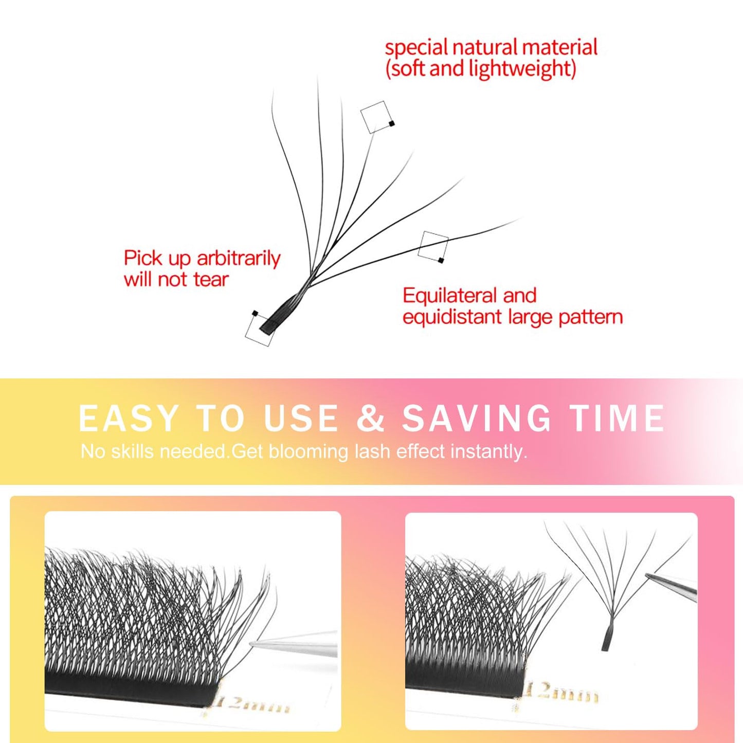 W Lash Extensions Supplies 7D Eyelash Extensions W Shape 0.07mm Thickness D Curl 12mm Premade Fans Easy Fan Lashes Volume Matte Black 12 Rows Crisscross Eye Lashes(W-7D-0.07-D,12mm)