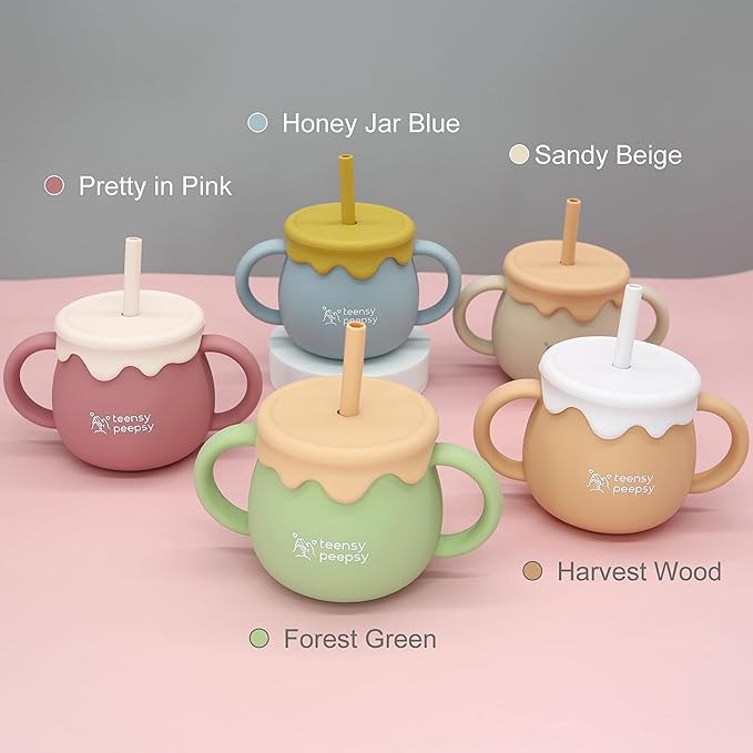 Honey Jar Pot 3-in-1 Silicone Training Cup 8.5oz, Baby Sippy Cup with Straw & Snack Cup for 6 months+ Straw Cup for Baby Boy Gift, Open Cup Toddler Smoothie Drinkware (Forest Green)