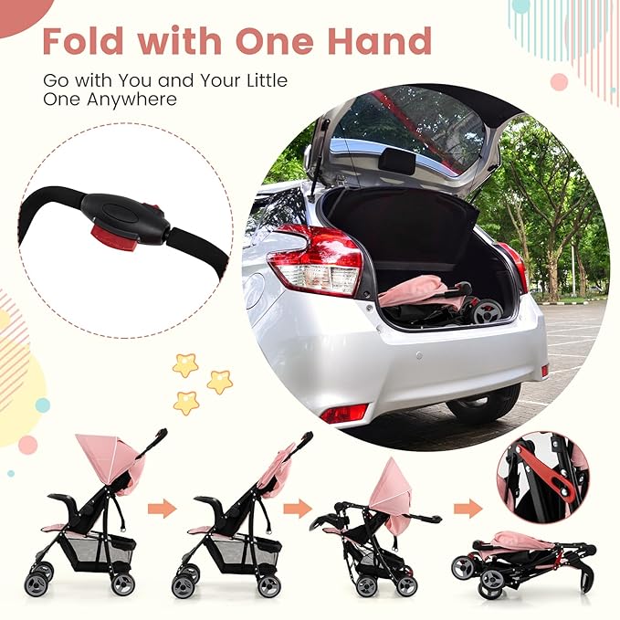 Baby Joy Lightweight Stroller, Compact Toddler Travel Stroller for Airplane, Infant Stroller w/Adjustable Backrest/Footrest/Canopy, 5-Point Harness, Storage Basket, Easy One-Hand Fold (Pink)