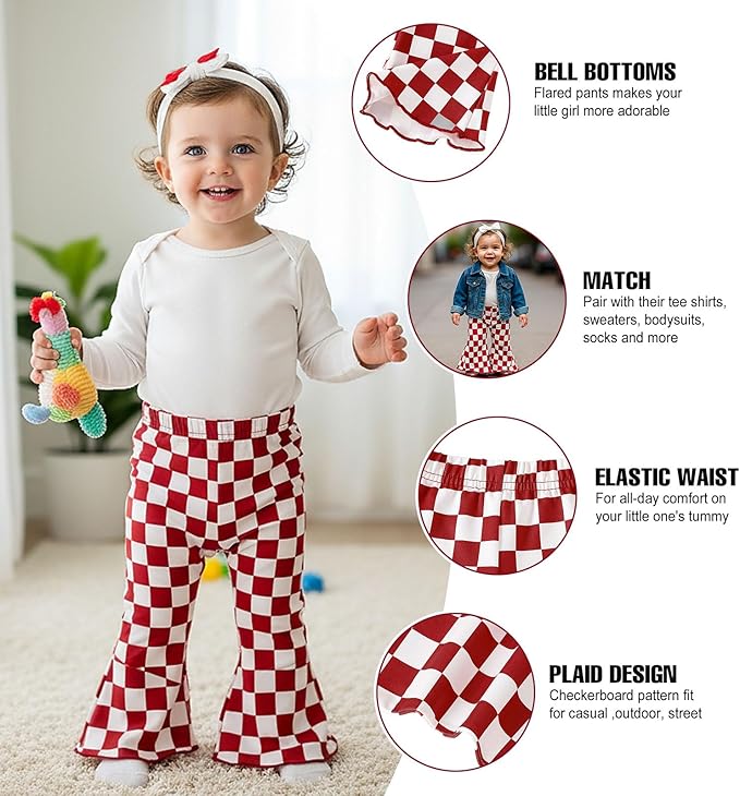SOBOWO Checkered Baby Girl Flare Pants 3 Pack Toddler Bell Bottoms Plaid Ruffle Leggings Pants Fall Winter Outfits Size 6M-4T