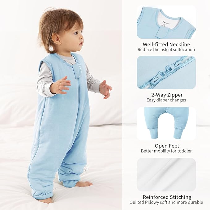 Rayon Made From Bamboo Sleep Sack 12-24 Months 0.5 Tog Ultra Soft Summer Toddler Sleep Sack 1t-2t with Feet 2-Way Zipper Lightweight Baby Sleeping Bag with Legs Thin Baby Wearable Blanket-Blue