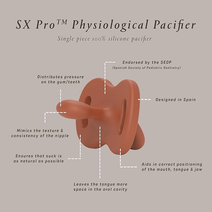 Color Essence SX PRO Silicone Baby Pacifier 2Pk, Made with 100% Soft Silicone, Baby Essentials Perfect for Breastfeeding Babies, Designed in Spain, 0-6 Mths, Mustard/Blue