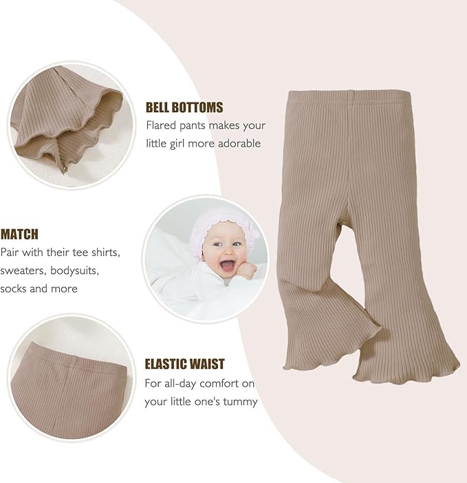 SOBOWO Baby Girl Flare Pants 3 Pack Toddler Solid Ribbed Ruffle Bell Bottoms Pants Trousers Fall Outfits