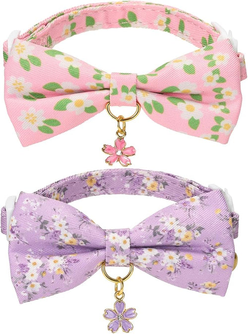 2 Pack Cat Collars, Removable Bowtie, Floral Pattern, Safety Breakaway Clasp by Petiry
