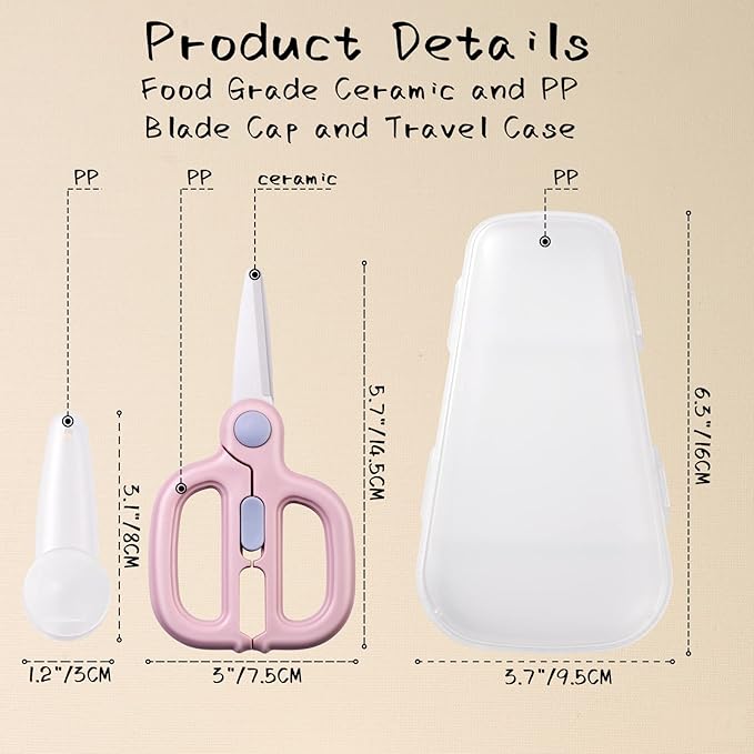 Ceramic Baby Food Scissors Kids with Travel Case, Toddler Scissors with Safety Lock, Ideal for Pizza, Meats, Noodles, Vegetables, and Fruits (A/B)