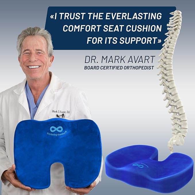 Everlasting Comfort Doctor Recommended Memory Foam Seat Cushion for Office Chairs & Car Seat - Ergonomic Office Desk Accessories for Tailbone Pain Relief, Sciatica & Back Support