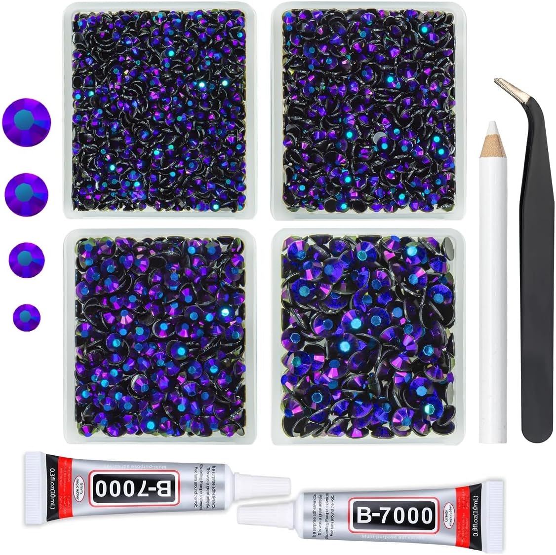 Black Purple AB Resin Rhinestones w B7000 Jewelry Glue for Bedazzling Crafting 3mm 4mm 5mm 6mm Flatback Jelly Stones Bulk Diamonds Gems Charms for Nails Face Makeup Tumblers Bottles DIY Crafts