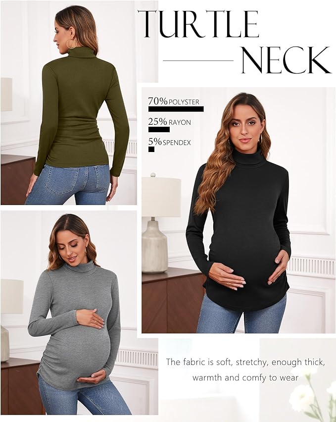 Ficerd 3 Pack Women's Maternity Shirts, Turtleneck Long Sleeve Pregnancy Tops Casual Side Ruched Maternity Tees Mama Clothes