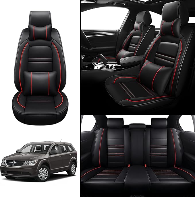 Car Seat Covers for Dodge Journey 2009-2020 | 5-Seats Seat Covers, Waterproof Seat Protectors, Automotive Seat Covers (Full Set with Pillow,Black&Red Line)