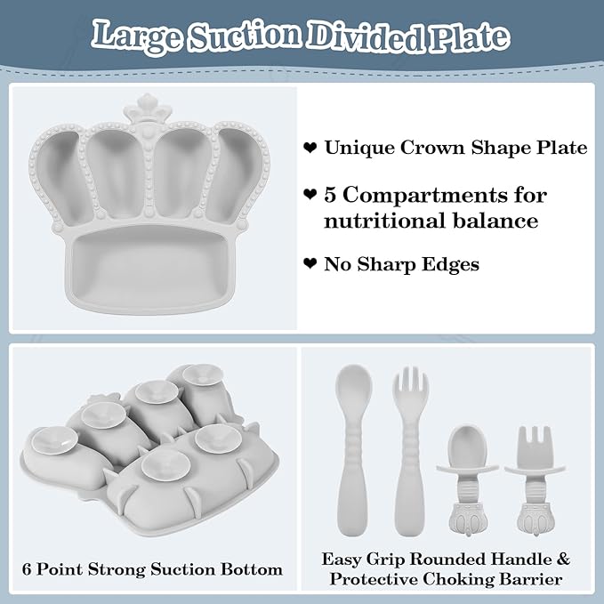 Silicone Baby Feeding Set 10 Pcs Baby Led Weaning Supplies Suction Bowl Divided Plate Baby Bibs Fruit feeder Pacifier Baby Spoons Forks Sippy Cup Utensil Sets Baby Essentials for Newborn Grey