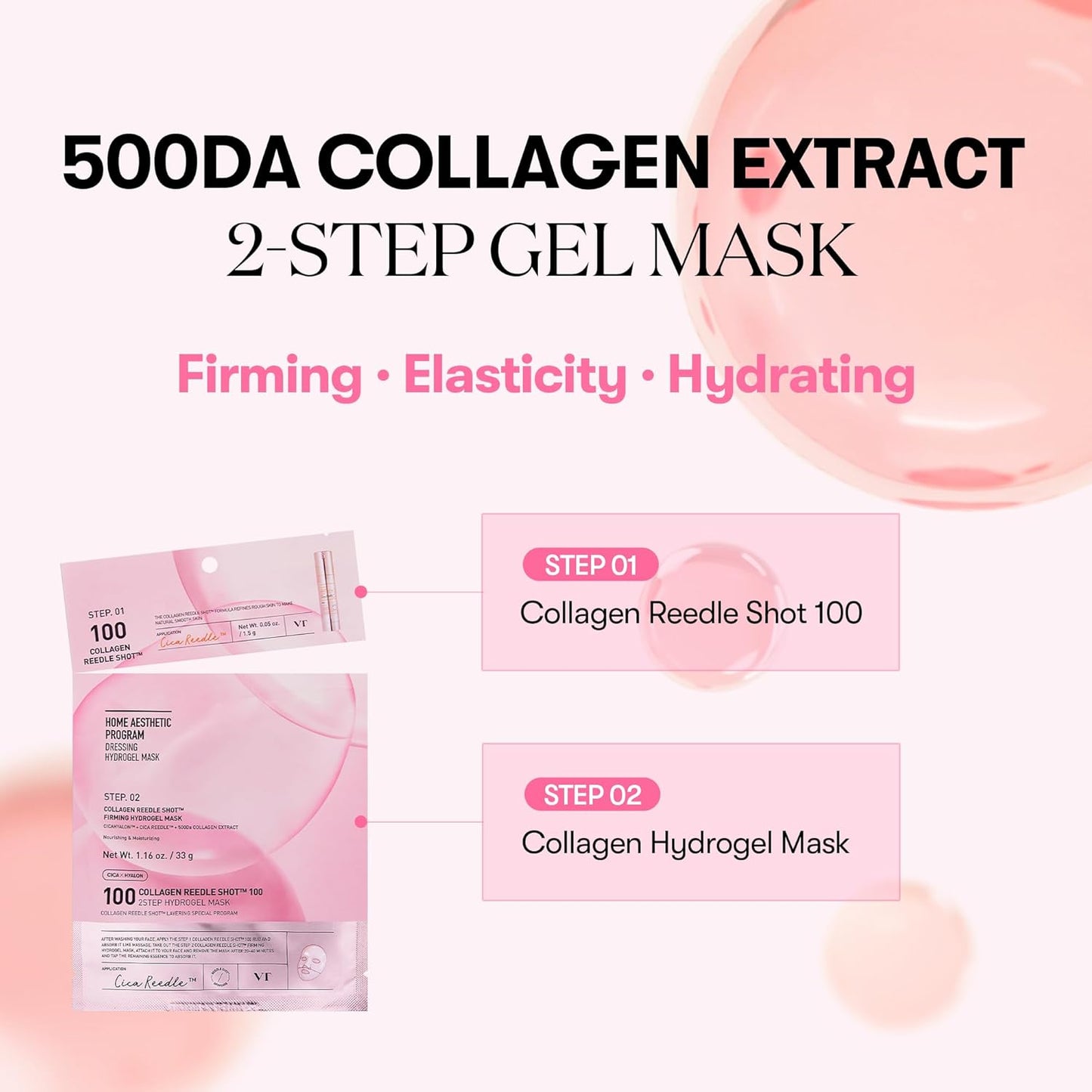 VT COSMETICS Collagen Reedle Shot 100 2-Step Hydrogel Mask(34.5gx4ea), Intensive Firming, Exosome 500Da Collagen, Fine Lines, Overnight Melting Mask, Korean Facial Mask, Pink Collagen