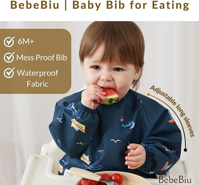 Long Sleeve Baby Bib, Waterproof Fabric, Catch-All Pocket, Baby Smock Bib, Adjustable Sleeves