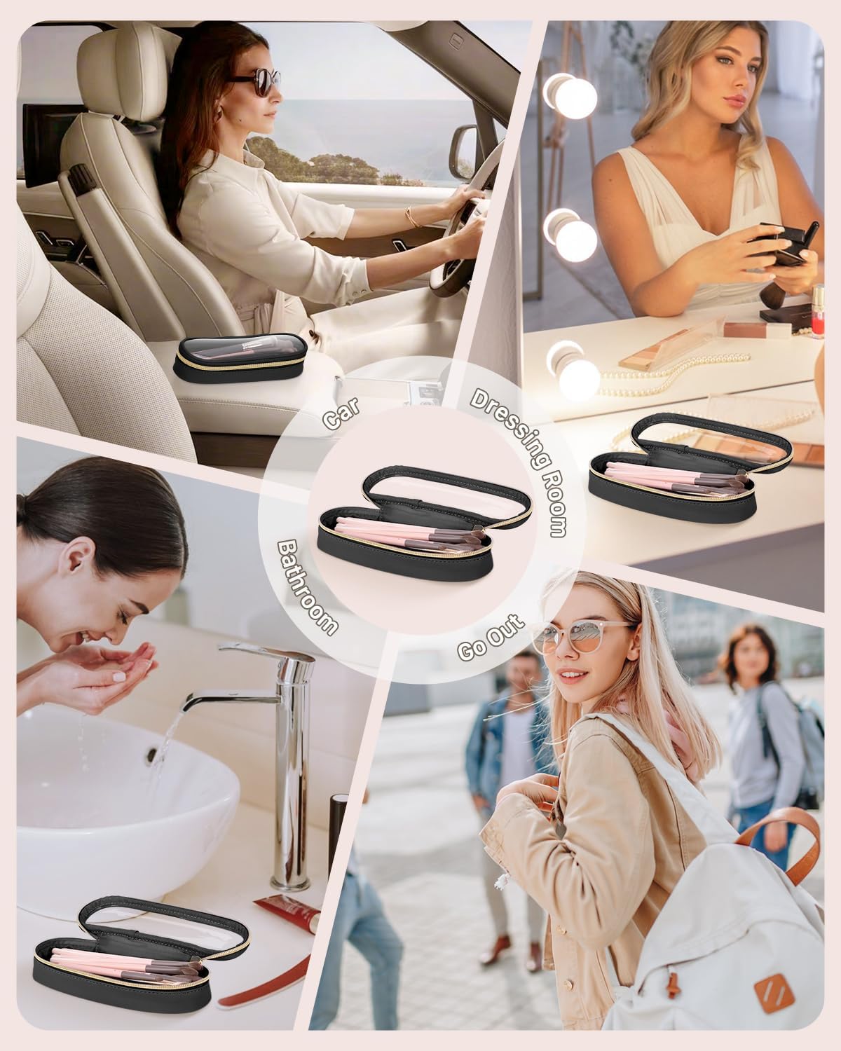 Clear Travel Makeup Brush Holder, Leather Makeup Brush Toiletry Bag, Portable Cosmetic Brush Case, Transparent Waterproof Makeup Brush Storage Bag, Black, Large