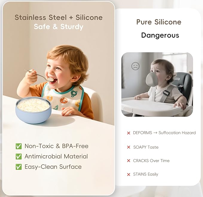 Bella's Friends Stainless Steel Baby Bowls with Silicone Sleeve 3 Pack, 5” for Toddlers Kids Feeding, Non-Slip, Non-Toxic, Mess-Free, Dishwasher Safe, Fit High Chair Size