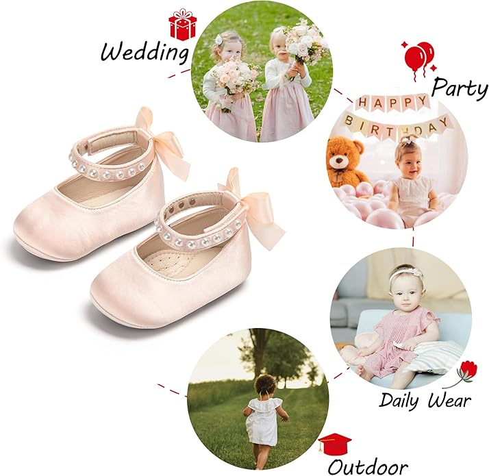Baby Girls Mary Jane Flats - Infant Newborn Walking Shoes Soft Rubber Sole Princess Wedding