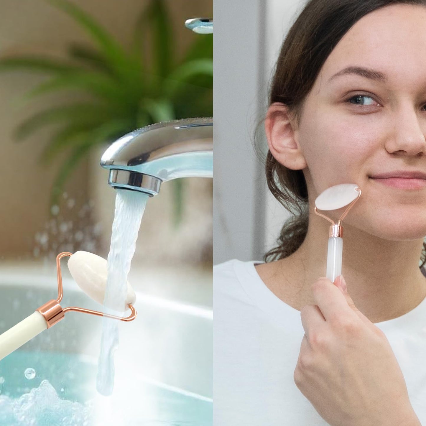 Earth & I Fuzzy headband White Jade Roller & Face Guasha Set 3pc, At Home Spa Essentials, Women Self Care, Face Tool for Lymphatic Drainage, Gua Sha Roller, Gusha, Spa Accessories for Women