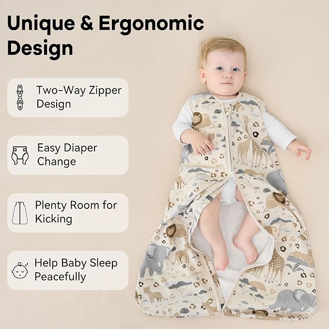 Baby Sleep Sack 12-18 Months 1.0 Tog Baby Wearable Blanket 100% Cotton Sleeping Sack with 2-Way Zipper for Toddler Infant Apricot & Gray Elephant