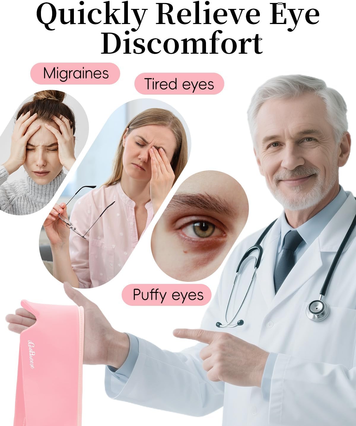 Cooling Eye Mask for Puffy Eyes, Headache and Migraine Relief Gel Eye Mask, for Headache, Puffiness, Eye Strain, Sinusitis & Post-Surgery Care – Large Soft Reusable Cold Eye Compress, Light Pink