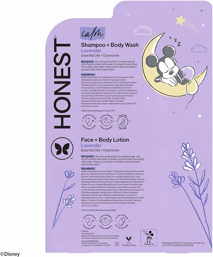 The Honest Company 2-in-1 Cleansing Shampoo and Body Wash and Face and Body Lotion Bundle and Disney Design Gentle Enough for Baby Dermatologist Tested Calm Lavender 18.5 fl oz