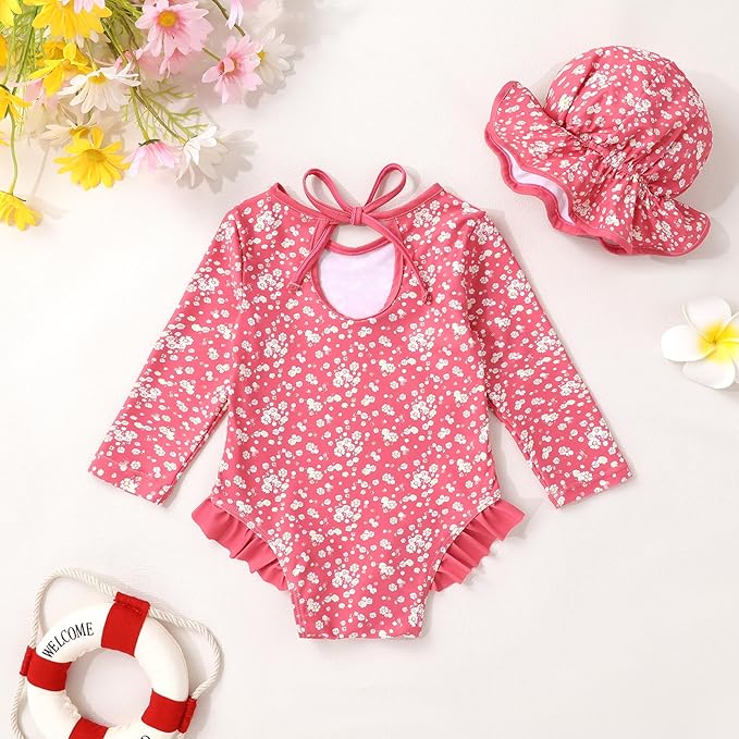 YOUNGER TREE Infant Baby Girls Swimsuit Long Sleeve Swimsuits One Piece Swimsuit Solid Color Bathing Suit with Hat, UPF 50+