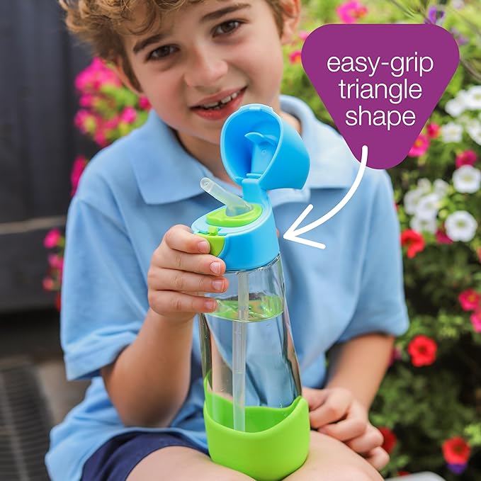 b.box Kids Water Bottle – Tritan Toddler Drink Bottle with Straw for School, Daycare, Travel w/Easy-Grip Triangular Design, Leak Proof Lid & Handle, BPA Free, Dishwasher Safe (Blue Slate)