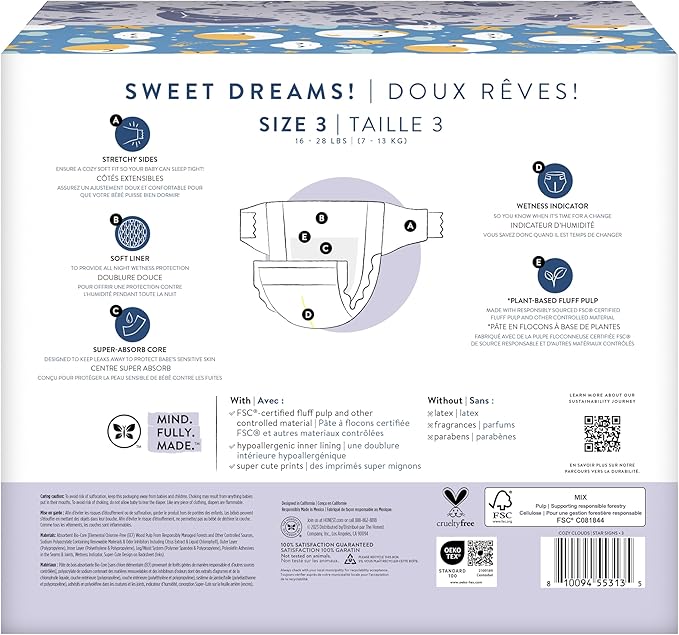 The Honest Company Clean Conscious Overnight Diapers for Sensitive Skin, Hypoallergenic Fragrance-Free Baby Diapers, Cozy Cloud and Star Signs Design, Club Box, Size 3 (16–28 lbs), 52 Count