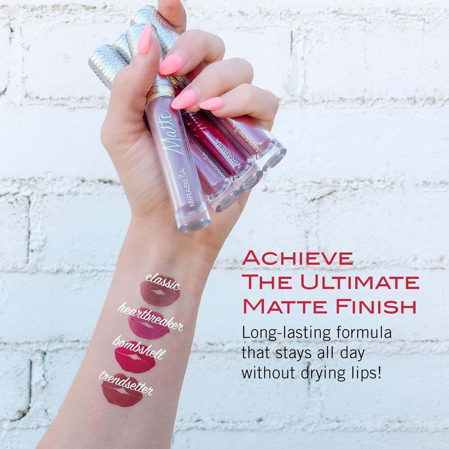 Mirabella Luxe Advanced Formula Matte Lip Gloss, Richly Pigmented Long-Wear and Full-Coverage Liquid Lipstick, Matte Lipstick for Women Stays Put and Won't Dry or Crack Lips, Bombshell