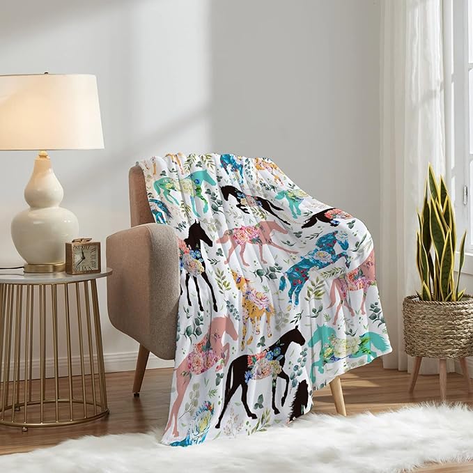 Colorful Floral Horse Throw Blanket for Women Men Flowers Animals Blanket Gifts for Adults Cute Horse Lightweight Blanket 60X80 Inches for Bed All Season