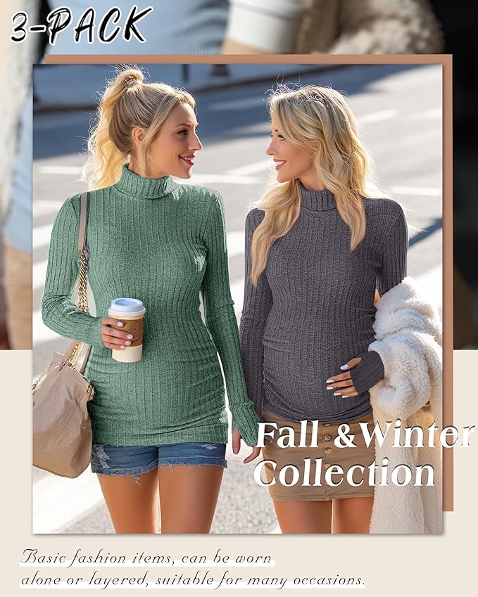 3 Pack Maternity T-Shirts Pregnancy Tops Women Sweater Long Sleeve Turtleneck Ribbed Finger Sleeve Outfits