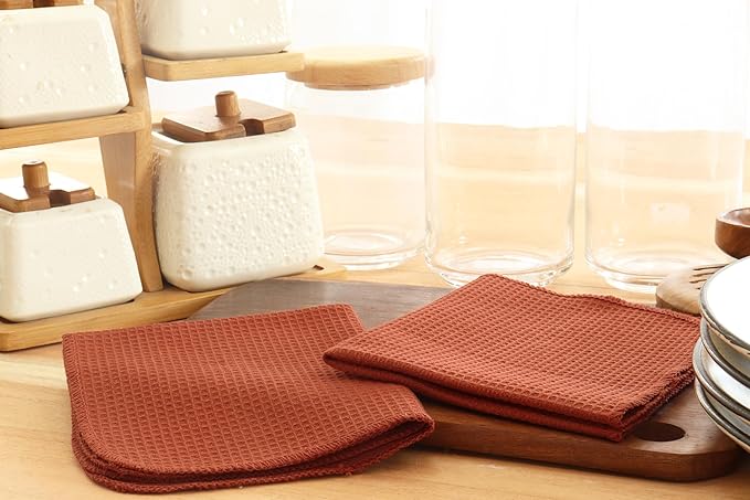 PurpleEssences Rust Dish Cloths and Dish Rags - 8 Pack Waffle Weave Solid Kitchen Dish Wash Cloths, 100% Cotton, 12 x 12 Inches, Ultra Soft Absorbent Quick Drying - Fall Thanksgiving - Rust
