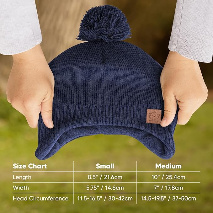 Baby Beanies, Baby Hats for Boys, Girls - Cute Toddler Winter Hat, Soft & Stretchy Beanies for Infant, Newborn 0-6 Months, Cozy & Warm with Earflap Muff & Pom (Navy, S)