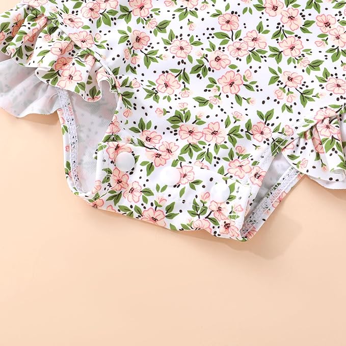 Infant Baby Girl Swimsuit One-Piece Long Sleeve Rash Guard with Hat Set Floral Zipper Bathing Suit Leopard Beach Wear