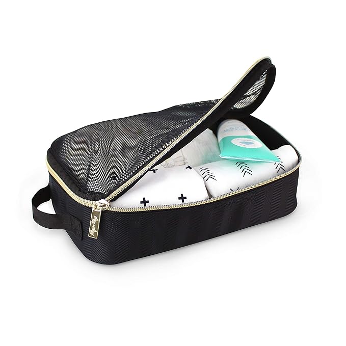 Itzy Ritzy Packing Cubes For Travel – Set of 3 Packing Cubes or Travel Organizers; Each Cube Features a Mesh Top, Double Zippers and a Fabric Handle (Black with Gold Hardware)