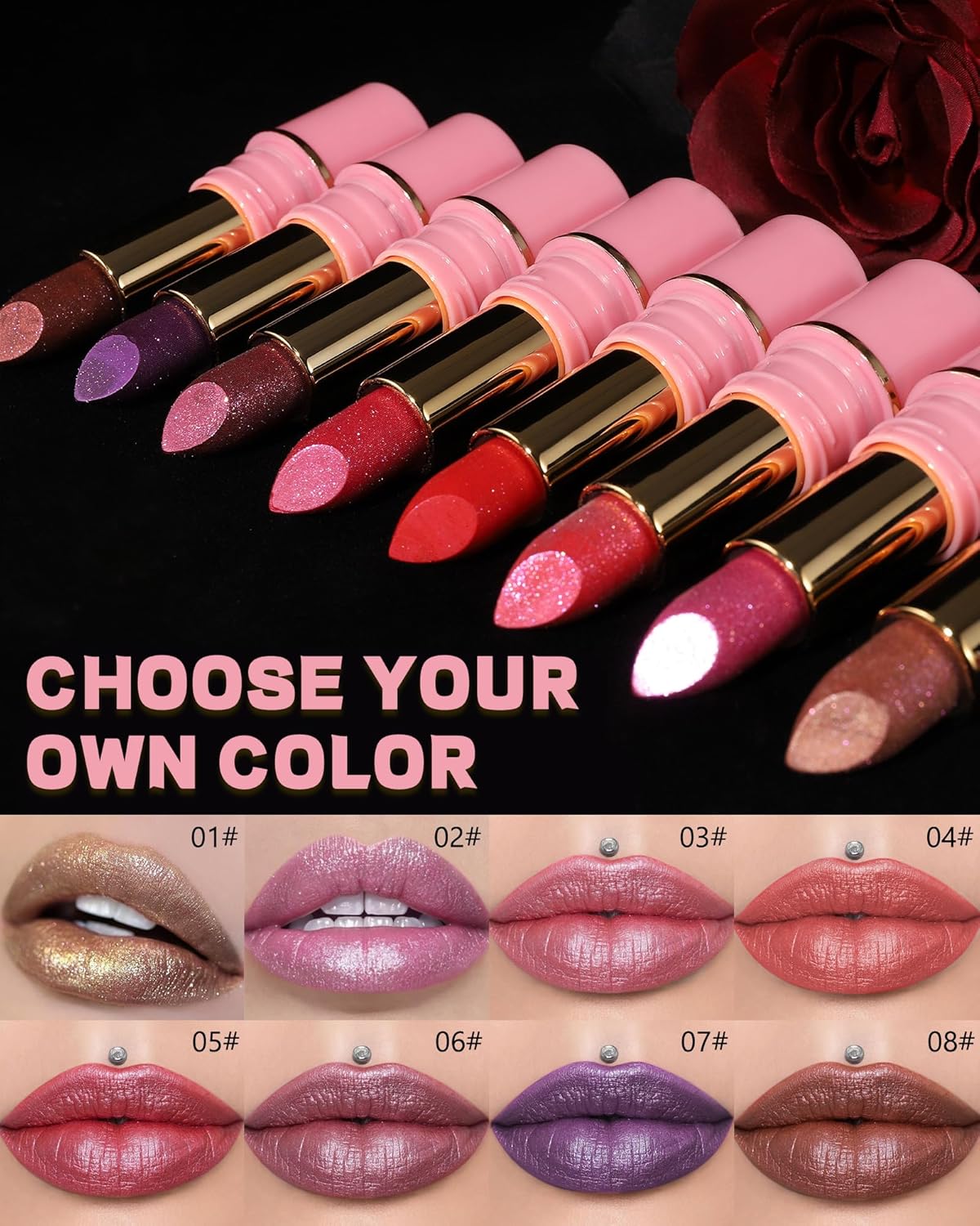 Glitter Metallic Cherry Plum Shimmer Lipstick Long Lasting,Glitter Diamond Shine Red Lipstick Transfer Proof Non-Stick Lip Gloss Shimmer Highly Pigmented Full Coverage Lip Makeup for Women-03