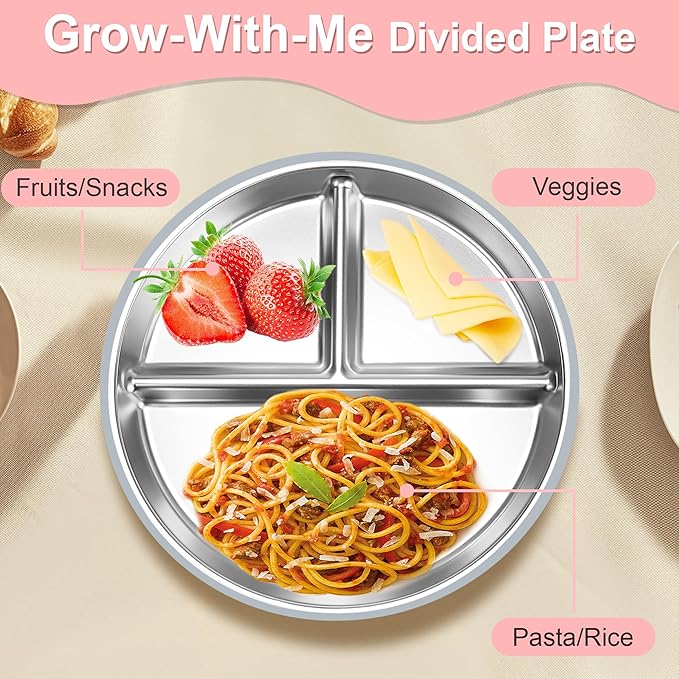 Bella’s Friends Stainless Steel Baby Plates with Suction 3 Pack, 8” Divided Toddler Plates with Removable Silicone Sleeves for Mess-Free Feeding, Non-Toxic, Non-Slip, Dishwasher Safe, beige,pink,green