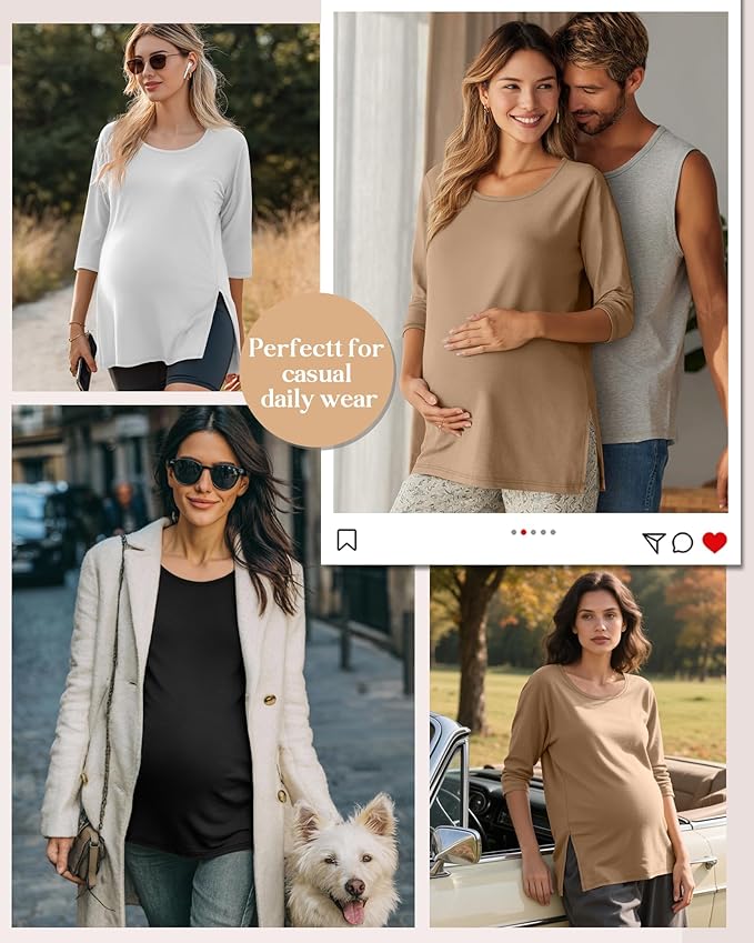 3 Pack Women's 3/4 Sleeve Maternity Shirts Elbow Length Clothes Round Neck Tunics Pregnancy Loose Side Split Tops