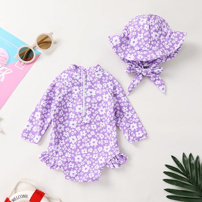 Infant Baby Girl Swimsuit One-Piece Long Sleeve Rash Guard with Hat Set Floral Zipper Bathing Suit Leopard Beach Wear