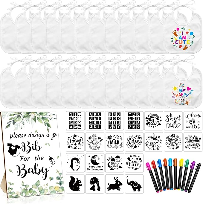 Newwiee 55 Pcs White Bibs for Baby Decorating Design a Bib Decorate Plain newborns Bibs Wooden Sign for Baby Shower Games Kit