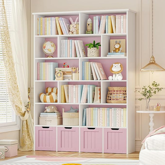 FINETONES 69" H Toy Storage Organizer, 6 Tier Tall Kids Bookshelf with 4 Movable Drawers and 12 Storage Cubbies, 49.4" W Toy Organizers and Storage Organizer Playroom Storage for Kids Room, Pink
