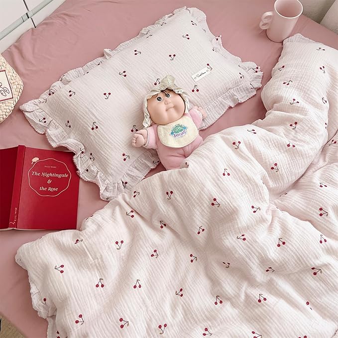 AOJIM Pink Cotton Muslin Kids Toddler Pillowcase Super Soft Baby Crib Bedding Pillowcase with Ruffle Edges Machine Washable Cherry Nursery Pillowcase for Boys Girls, Durable Kids Pillow Cover, 26*20''