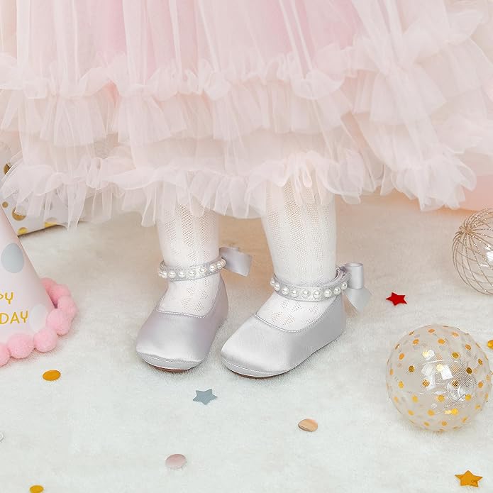 Baby Girls Mary Jane Flats - Infant Newborn Walking Shoes Soft Rubber Sole Princess Wedding